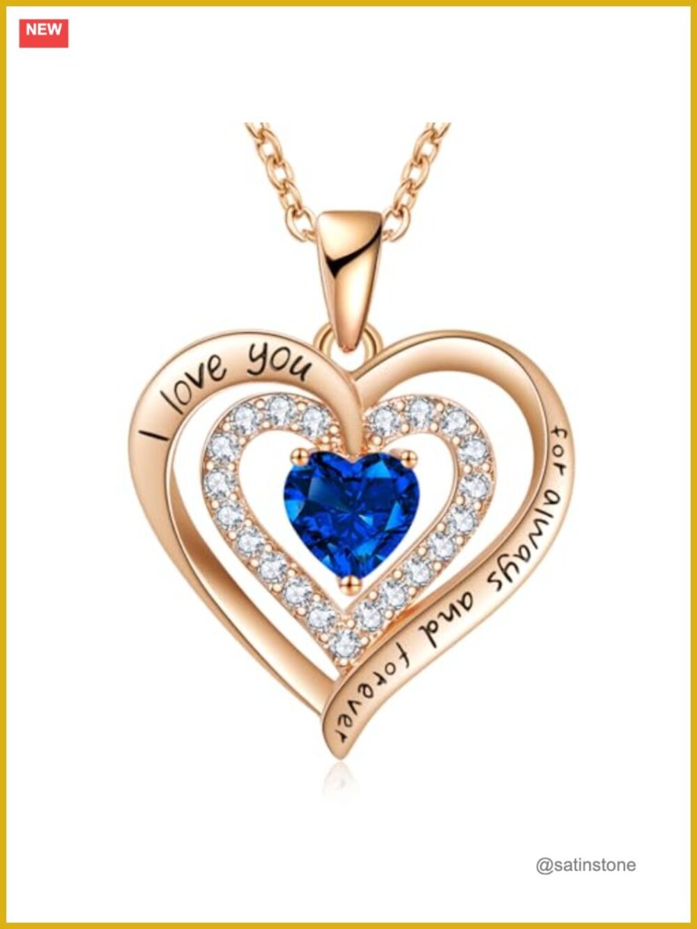 Double Heart Birthstone Pendant Necklace 18+2" Cubic Zirconia Gift for Her